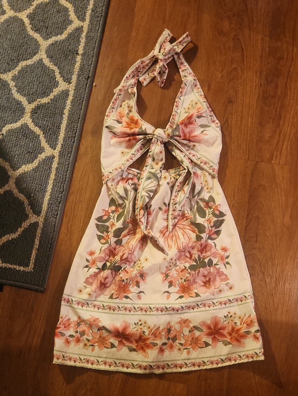 Floral Halter Tie-Front Sundress in Soft Peach & Green